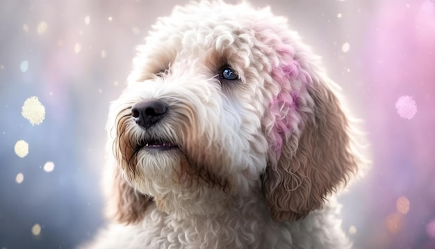 Labradoodle Dog 미디엄 샷 화이트 핑크 블루 매직 판타지 Bokeh Generative AI