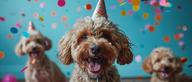Photo labradoodle dog in party hat celebrating birthday with falling confetti background concept celebration labradoodle dog party hat birthday confetti