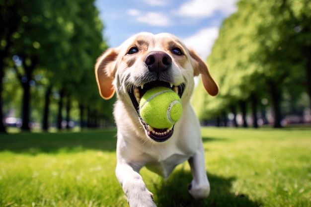 Лабрадорская собака послушно гонится за теннисным мячом