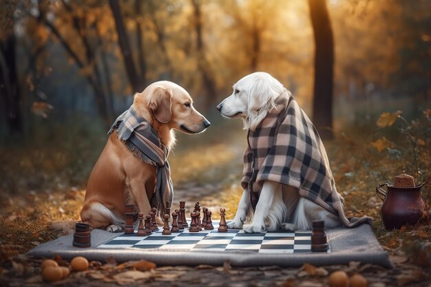 Labrador dogs play chess in nature generative ai