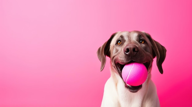 Labrador holding a ball on a pink background copy space