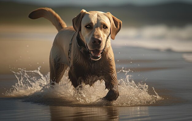 Photo labrador is running on the beach professional advertising post photo ai generated