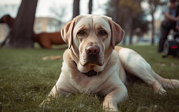 Photo labrador is sitting on the grass in the park professional advertising post photo ai generated