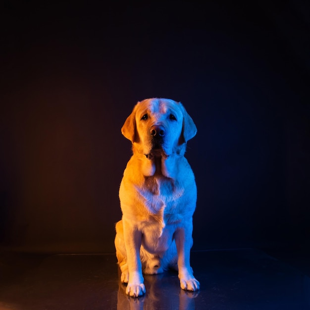 Labrador alla luce di lampade al neon colorate ritratto su sfondo nero luce gialla calda e blu sul cane