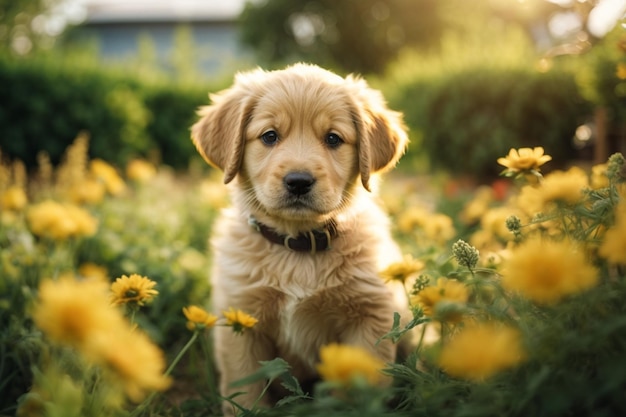 ラブラドール犬の子犬が花と一緒に夕暮れの庭で野外で遊んでいます