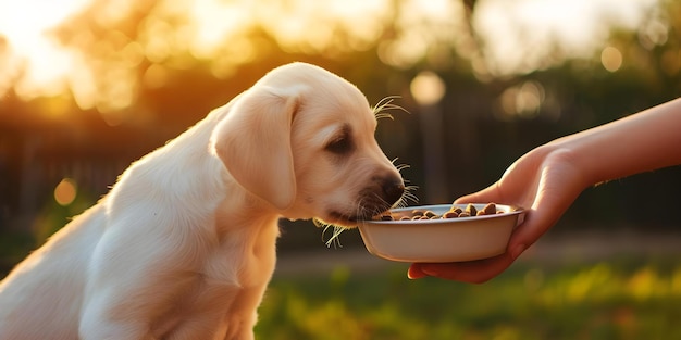 Photo a labrador puppy enjoys a sunset meal from a humans hand outdoors concept pets dogs labrador retriever sunset outdoor photoshoot