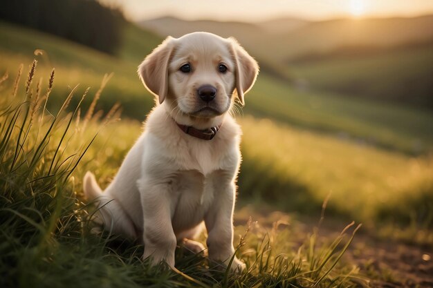 Labrador Puppy's Countryside Serenity in Golden Sunlight