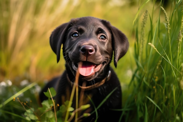 自然に囲まれながら微笑むラブラドールの子犬