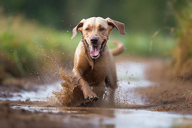 ラブラドール・リトリーブ犬が泥の川を走っている 自然の壁紙