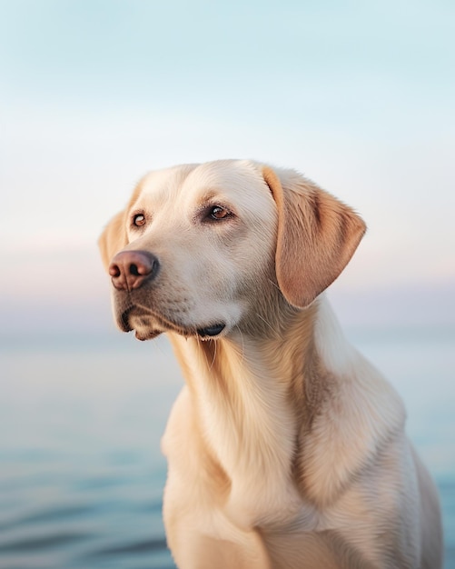 Labrador retriever dog on the background of the sea and sky