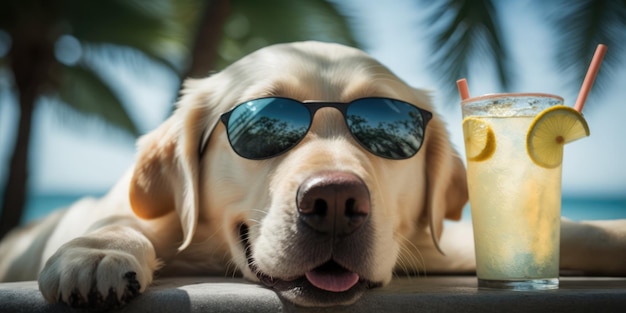 ラブラドール レトリーバー犬は海辺のリゾートで夏休みを過ごし、ハワイの夏のビーチでリラックスした休息をとっています