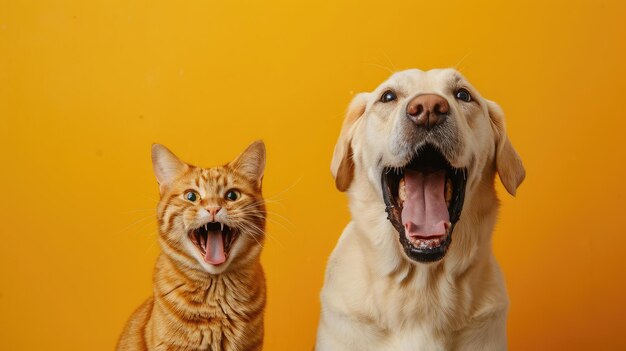 Labrador retriever dog panting and ginger cat sitting in front of dark yellow background