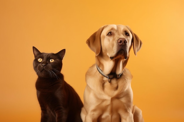 暗い黄色の背景の前に座っているラブラドール・レトリバー犬とジンジャー・キャット