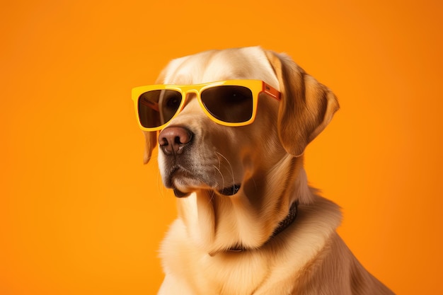 Labrador Retriever dog portrait wearing sunglasses on or orange background AI