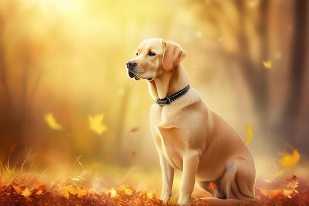 Labrador Retriever dog posing for portrait on garden bokeh background