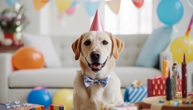 Labrador retriever dog with a birthday cake and a party hat Cute pet celebrating his Birthday