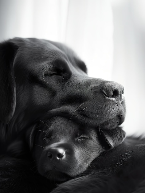 Labrador Retriever en Puppy Nauwe interactie Ouder en puppy delen een teder moment in monochromexA