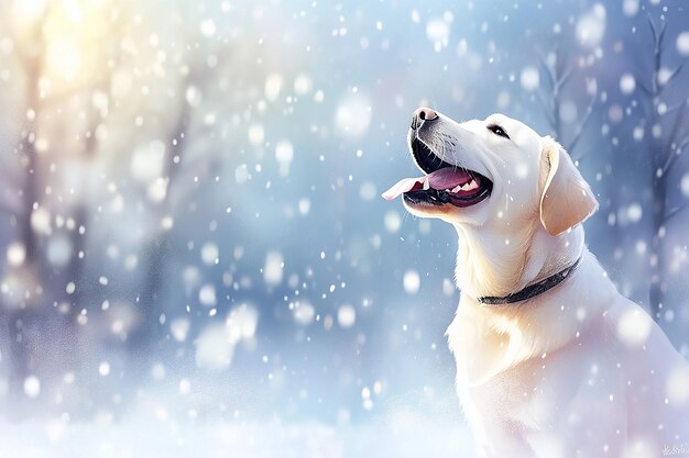 Labrador retriever enjoying snowy on winter bokeh background