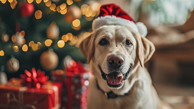 Labrador Retriever glimlacht met een kersthoed op de achtergrond van Kerstmis