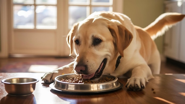 Labrador retriever hond die hondenvoer op een metalen bord eet