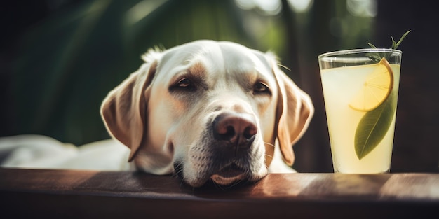 Labrador Retriever-hond is op zomervakantie in badplaats en ontspannende rust op het zomerstrand van Hawaï