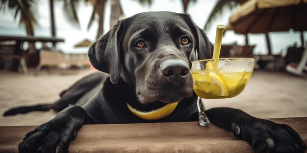 Labrador Retriever-hond is op zomervakantie in badplaats en ontspannende rust op het zomerstrand van Hawaï