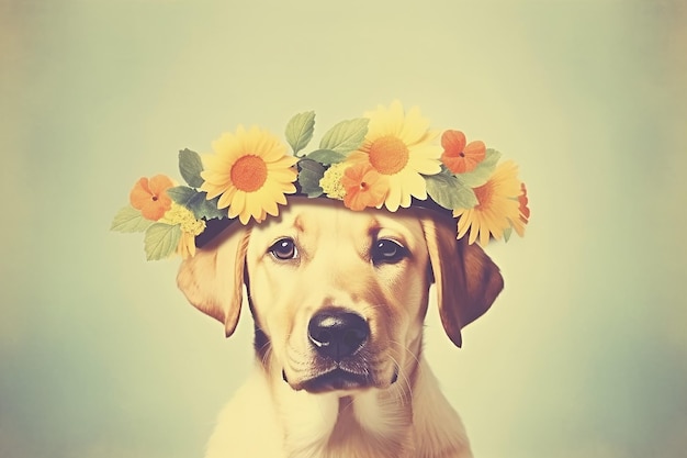 Labrador retriever hond met bloemenhoed op vintage achtergrond