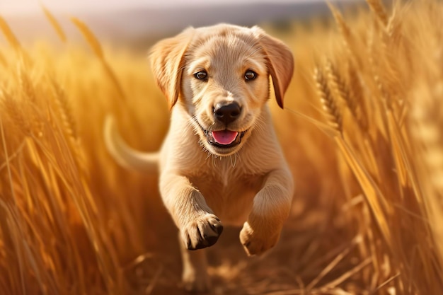 Labrador retriever puppy running through a field Generative AI