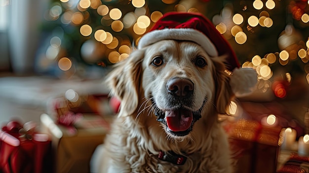 クリスマスの背景にクリスマスの帽子をかぶって笑顔のラブラドール・レトリバー