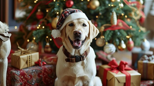 Labrador Retriever smiling wearing a Christmas hat in Christmas background