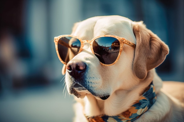 Labrador Retriever in sunglasses on the street Dog portrait Generative AI