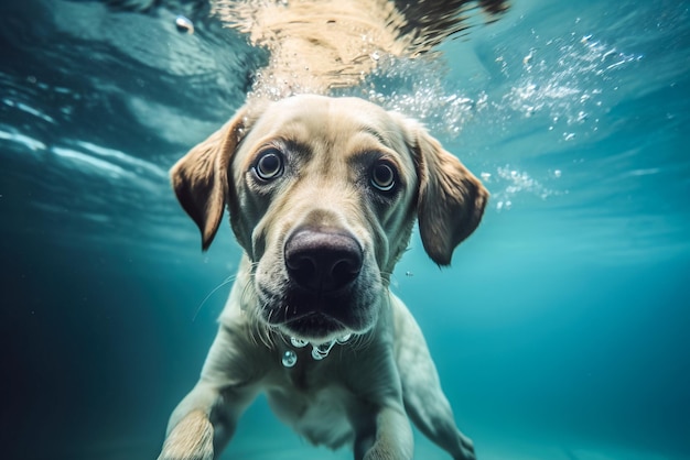 Labrador retriever swimming underwater in the pool looking at camera Generative AI