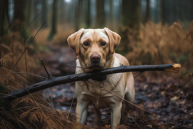 Foto un labrador retriever allo stato brado che gioca con un bastone