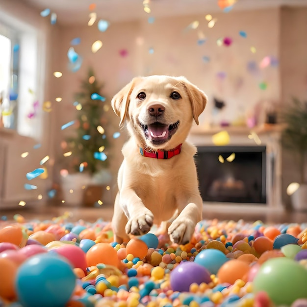 A Labrador Retriever with a wide joyful smile tongue lolling out in happiness