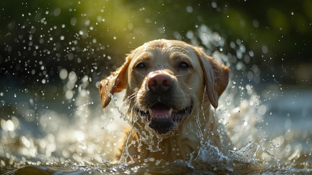 Foto un labrador che spruzza in uno stagno scintillante trasuda pura felicità in una calda giornata estiva