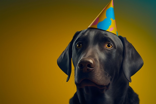 Labrador wearing birthday hat on his head on yellow background