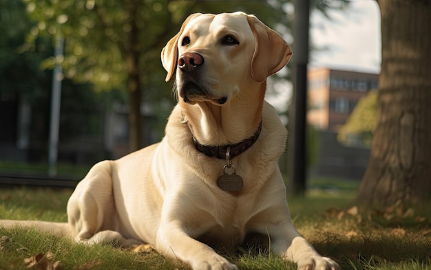 Labrador zit op het gras in het park professionele reclame post foto ai gegenereerd