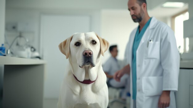 Foto labradorhond in een dierenkliniek met een mannelijke dierenarts die de achtergrond onderzoekt