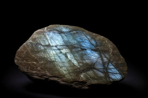 라브라도라이트 (Labradorite) 는 검은색 바탕에 있는 희귀한 귀중한 천연 돌로 인공지능 (AI) 에 의해 생성된 헤더 배너 모입니다.