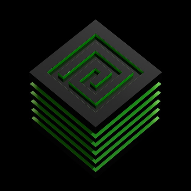 Labyrinth abstract 3d illustration Isometric green maze cube concept isolated on black