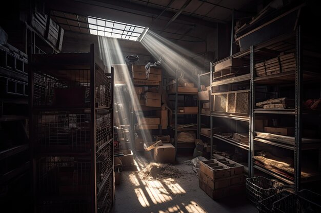 Labyrinth of dusty boxes in a sunlit warehouse generative IA