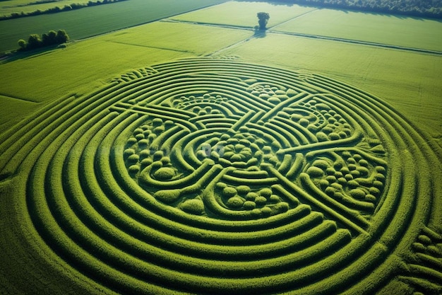 a labyrinth in a field of green