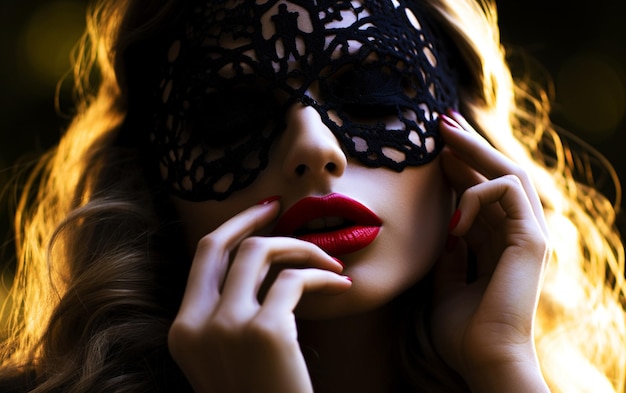 Foto bellezza velata donna bellissima con maschera di pizzo nero sopra gli occhi