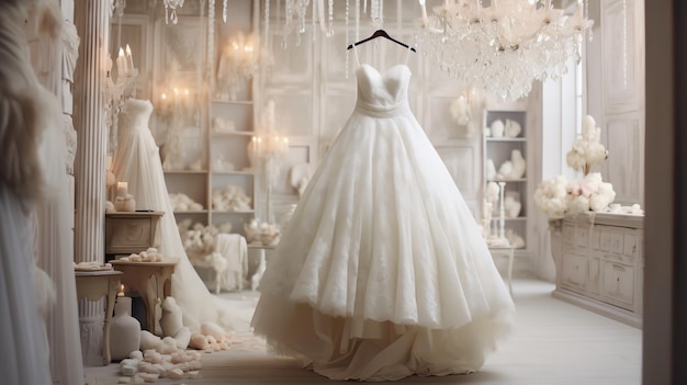 A lace wedding dress inside a bridal shop wallpaper