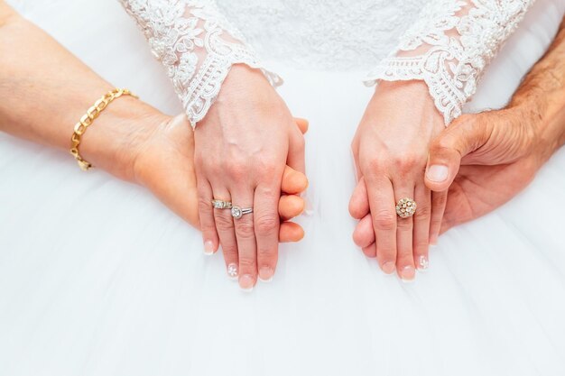 긴 소매 여자 손 결혼 반지와 레이스 흰색 웨딩 드레스