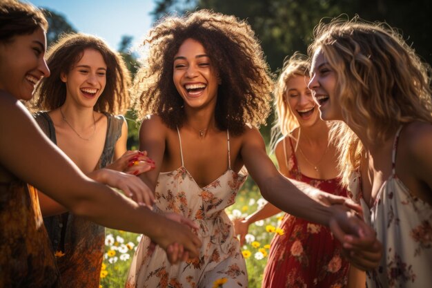 Lachen en hand in hand in een veld van bloemen