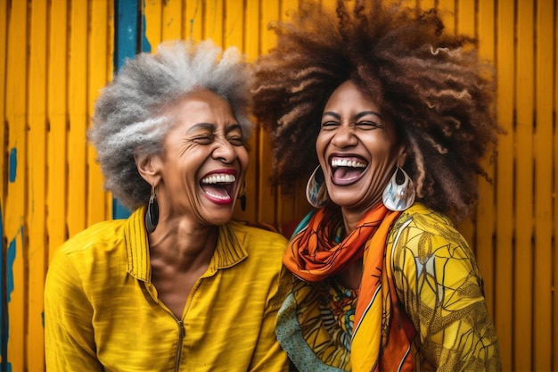 Foto lachen vrouwtjes gele groep jonge leuke vrienden amerikaanse afrikaanse levensstijl gelukkig generatieve ai