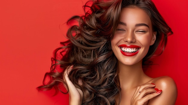 Lachend brunette model lang krullend haar rode lippen nagels manicure vrolijke schoonheid highresolution softfocus natuurlijke verlichting AI Generative