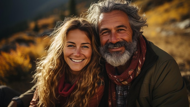 Lachend en meeliftend genieten een man en vrouw samen van hun pensioen in de vrije natuur