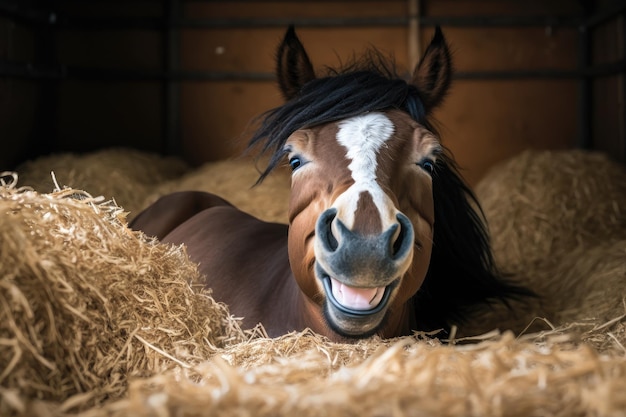 Lachend paard ligt op de boerderij in het hooi en gluurt naar de camera